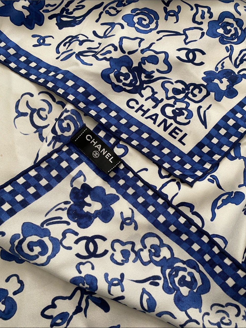 Chanel White/Blue Rue Cambon 100% Silk Scarf. Made in Italy.